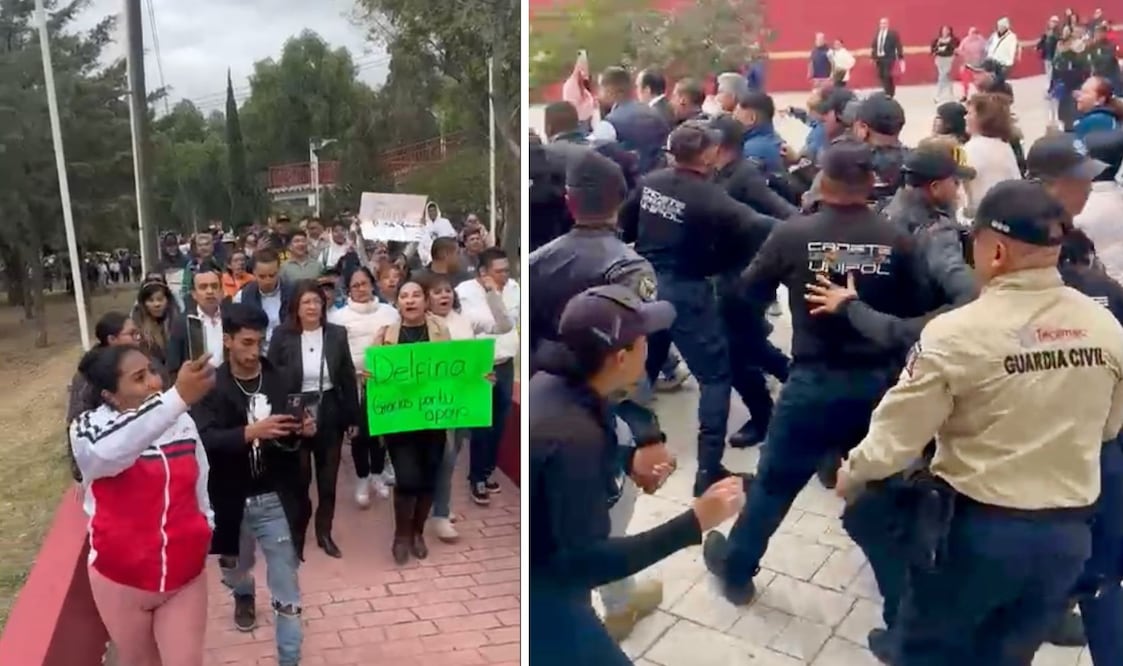 La Policía Municipal de Tecámac formó una valla para impedir el ingreso de la senadora Mariela Gutiérrez y sus seguidores, lo que desató conatos de violencia antes del informe. Foto Especial