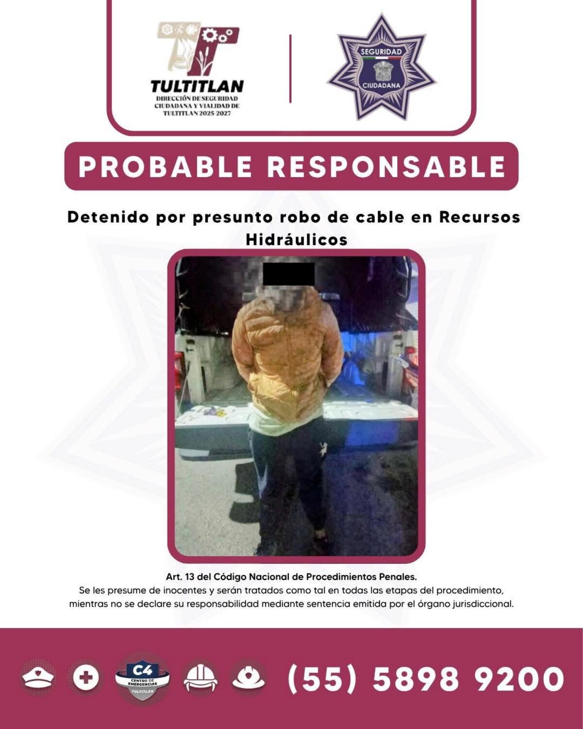 Fue sorprendido y arrestado por las autoridades municipales, quienes lo llevaron ante la agencia del Ministerio Público de la Fiscalía General de Justicia del Estado de México. Foto: especial