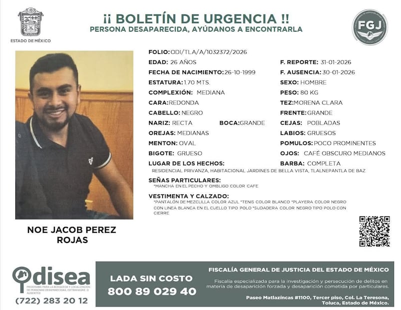 Ambos fueron vistos por última vez el pasado 30 de enero en un establecimiento ubicado entre los municipios de Naucalpan y Tlalnepantla. Foto: especial