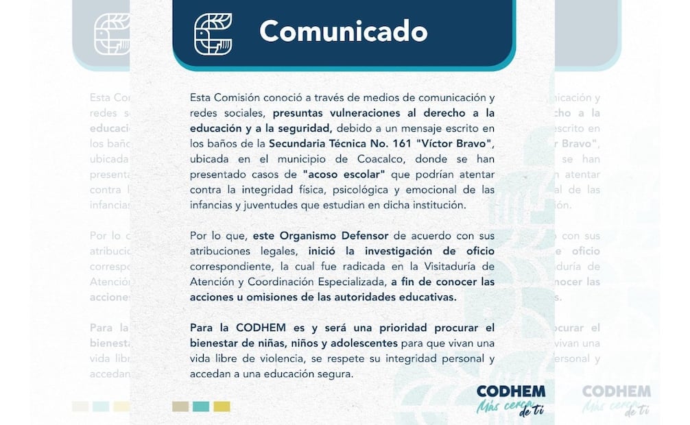 La Codhem revisará posibles violaciones al derecho a la educación y a la seguridad tras amenazas halladas en los baños del plantel. Foto Especial