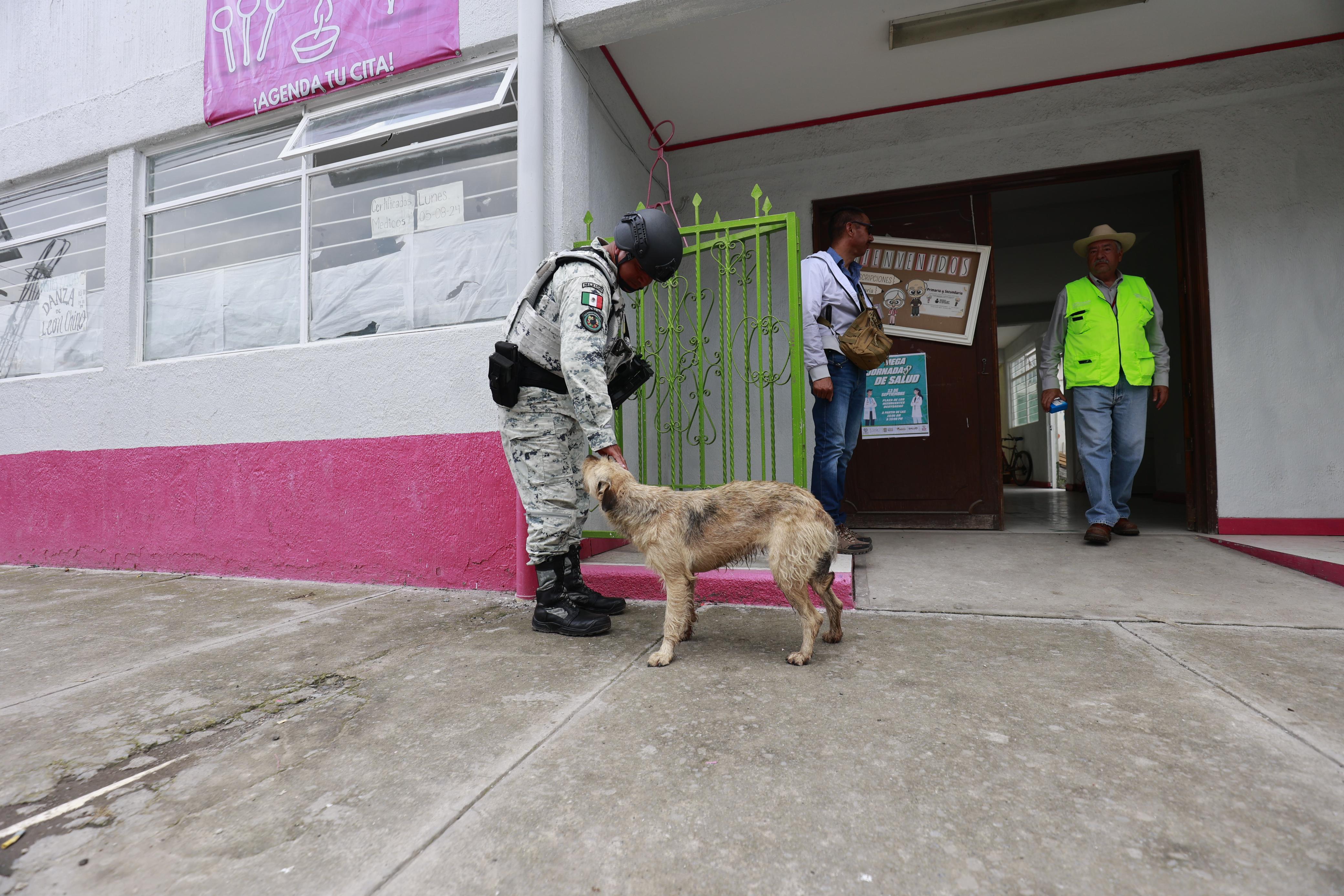 Elementos de la Guardia Nacional adoptan a Chilaquil en Ocoyoacac. Foto Alejandro Vargas