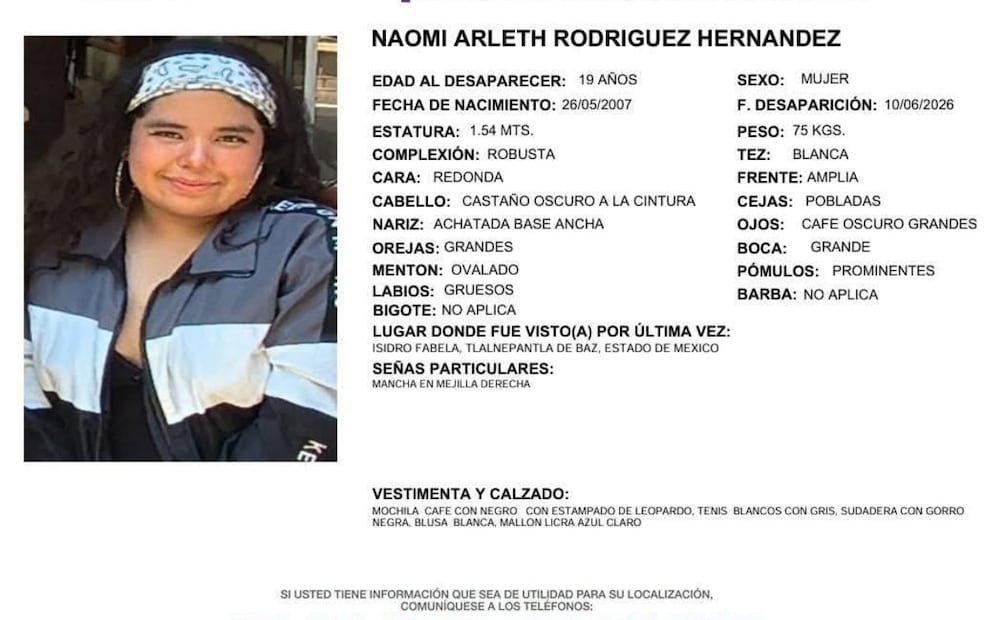 Naomi Arleth Rodríguez Hernández, de 19 años de edad, fue vista por última vez el 10 de junio en la colonia Isidro Fabela. Foto Especial