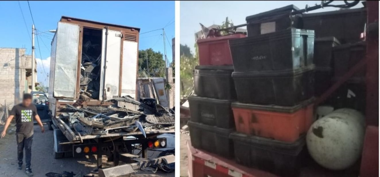 Elementos de la FGJEM, Guardia Nacional y Policía Estatal durante el aseguramiento del inmueble vinculado al robo de vehículos. Foto Especial