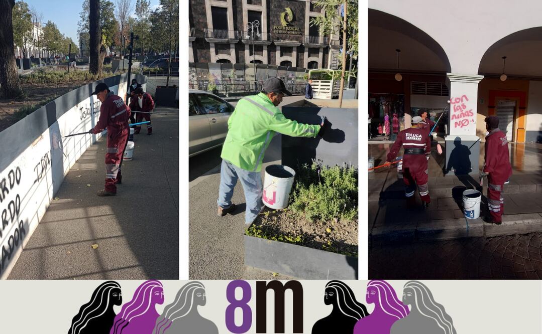 Toluca realiza operativo especial para limpiar calles y monumentos tras las marchas del Día de la Mujer. Foto Especial