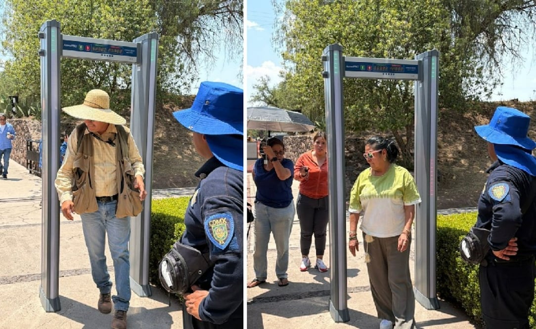 Instalación de los cinco arcos detectores de metales que ahora custodian cada una de las puertas de acceso al sitio prehispánico. Foto Especial