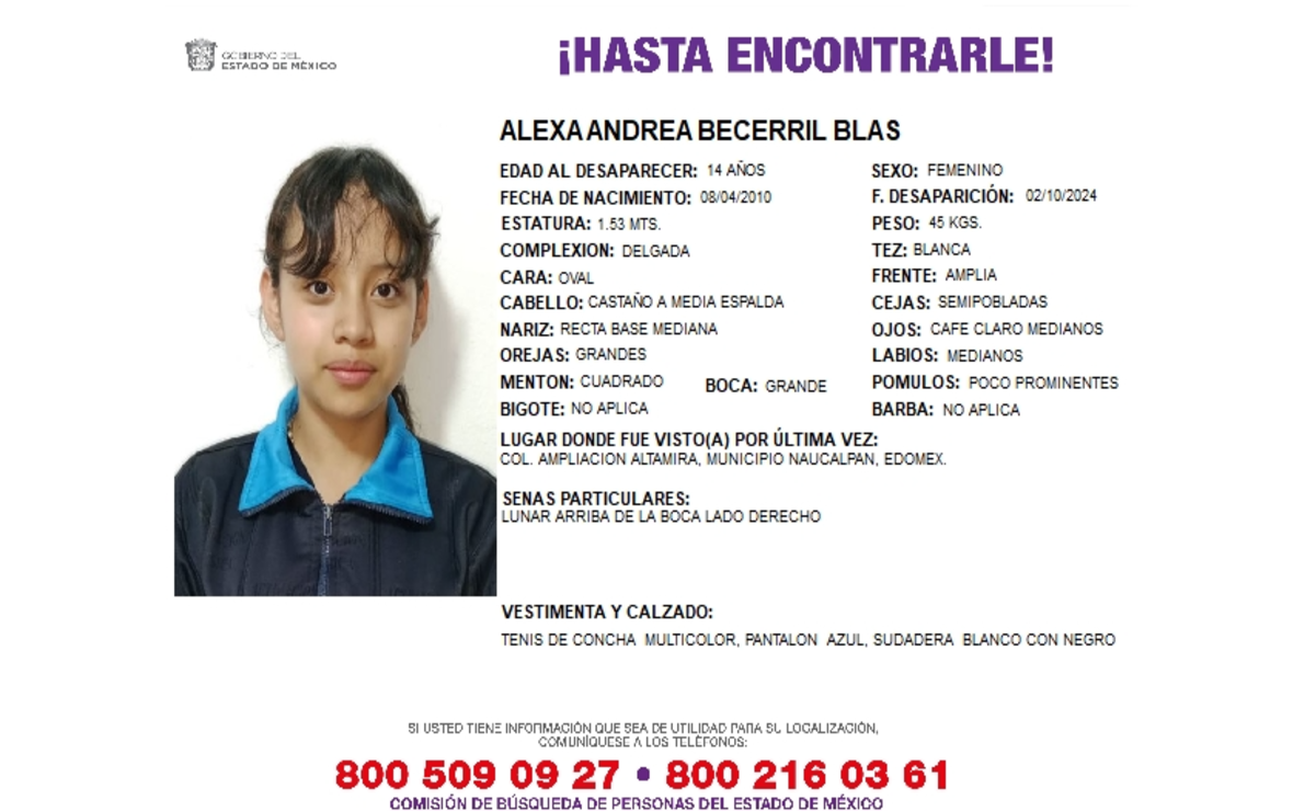 Alexa Andrea Becerril Blas desapareció en el Estado de México. Foto: Especial.