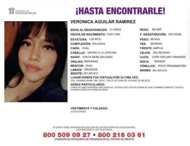Verónica Aguilar Ramírez, de 31 años, vista por última vez el 19 de enero en la colonia La Guadalupana. Foto Especial