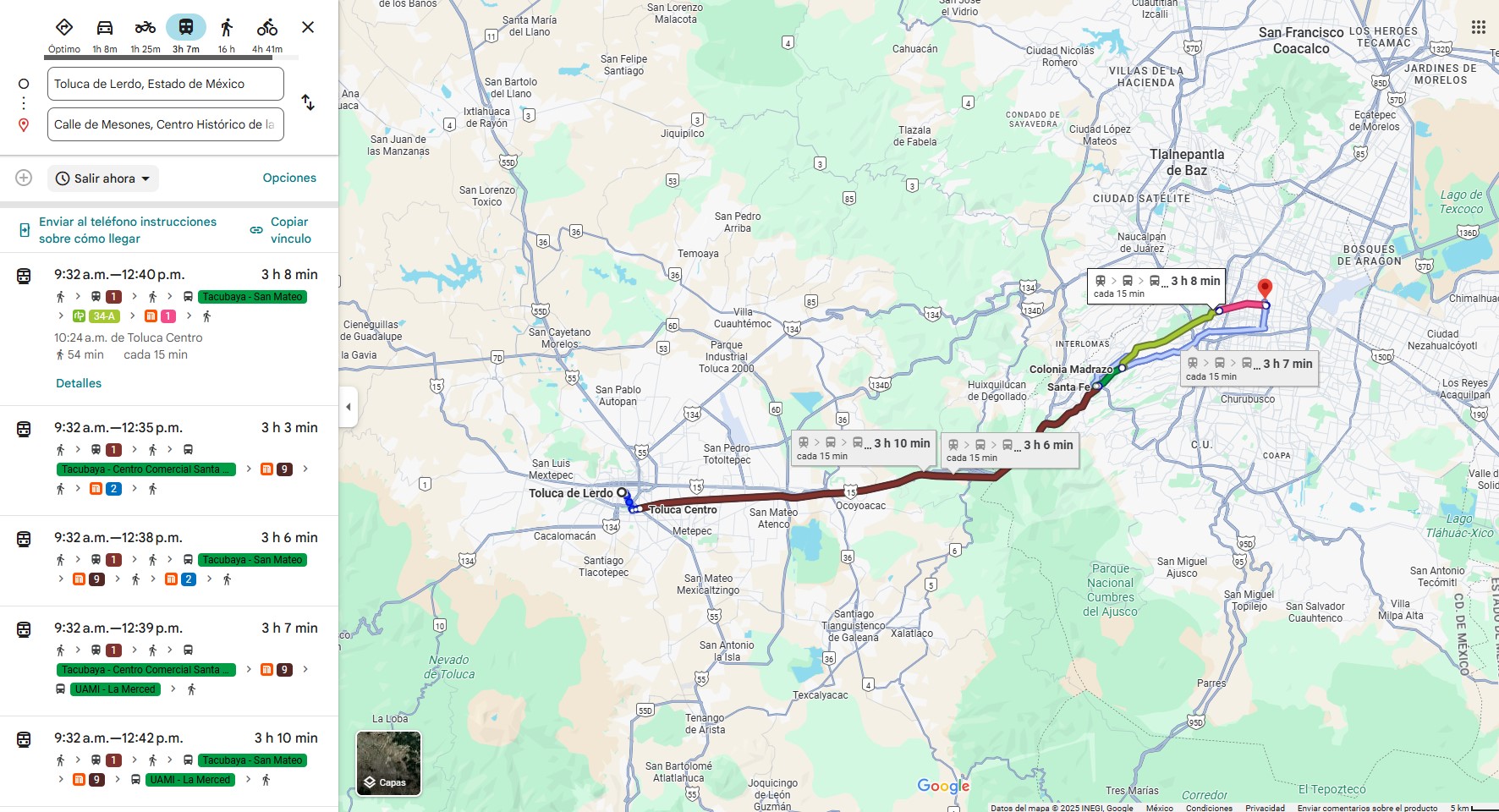 Ruta en transporte público de Toluca a la calle de Mesones en la CDMX / Google Maps