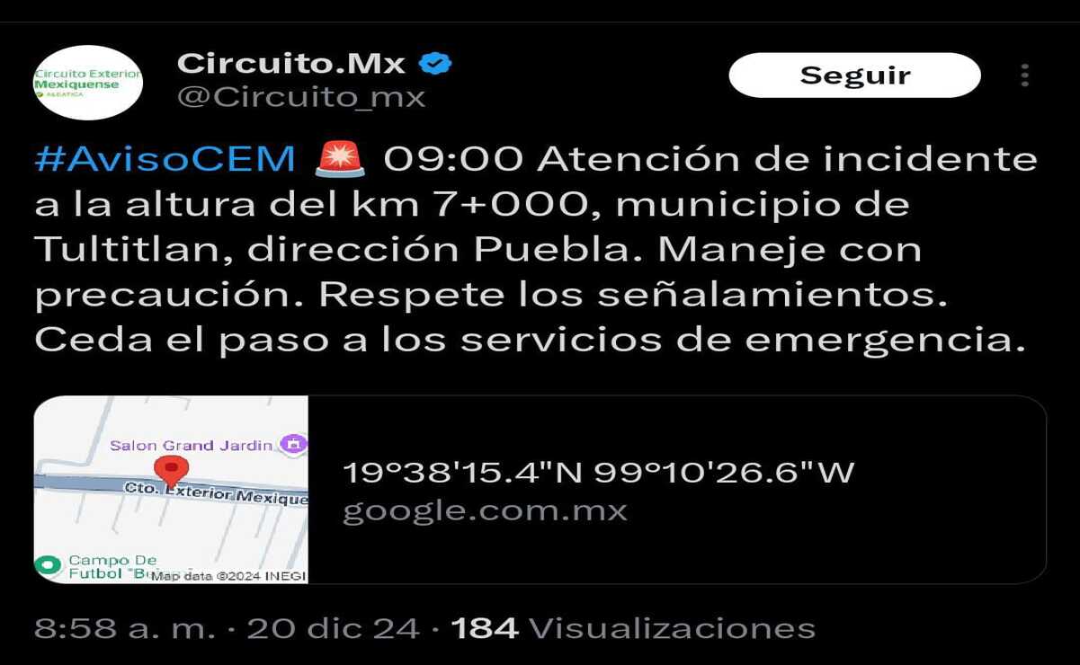 De acuerdo con la cuenta del CEM en X, el incidente se registra a la altura del km 7+000, municipio de Tultitlan, dirección Puebla. Foto: Captura de pantalla / X