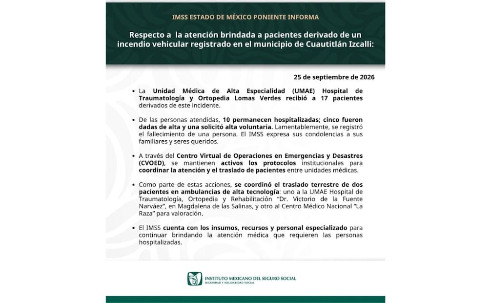 El IMSS trasladó a pacientes afectados por el incendio para recibir atención médica especializada. Foto especial