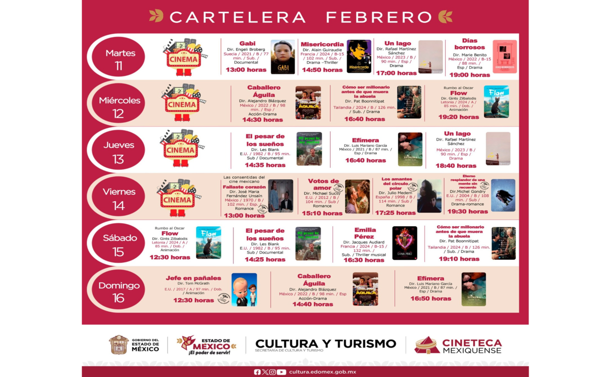 Cartelera de febrero 2025 en la Cineteca Mexiquense. Foto: Especial
