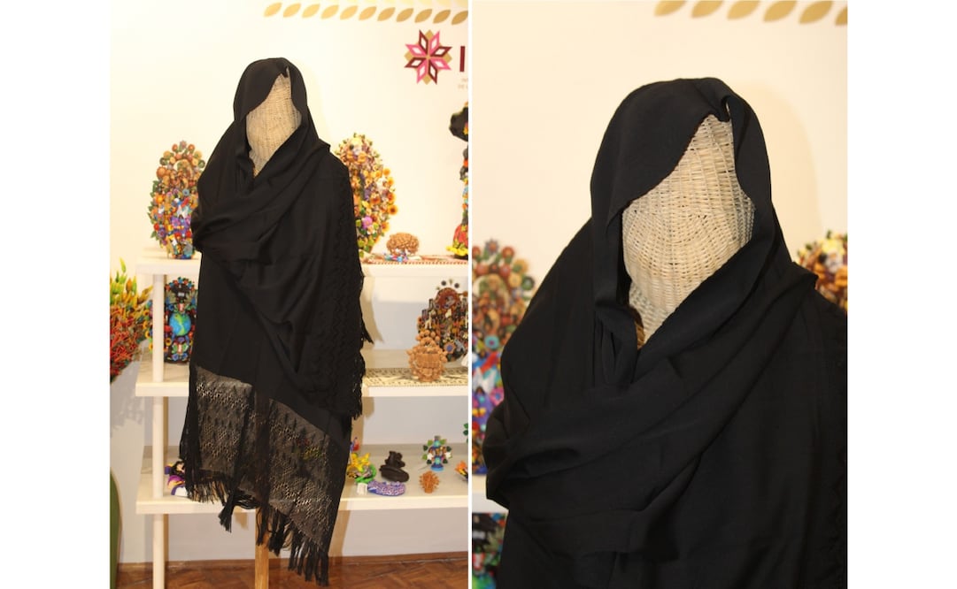 El rebozo "Luto de aroma" es una prenda de uso exclusivo en la temporada de Día de Muertos, duelos y Semana Santa. Foto: Especial