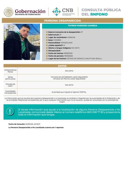 Un repartidor de nacionalidad venezolana de nombre Tayron Paredes Gamboa fue reportado como desaparecido