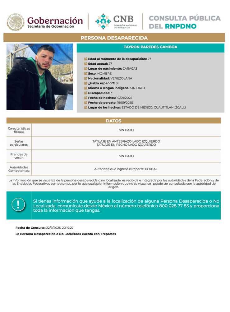 Un repartidor de nacionalidad venezolana de nombre Tayron Paredes Gamboa fue reportado como desaparecido