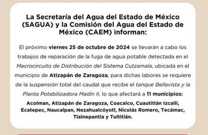 Anuncian corte de agua en 11 municipios del Edomex