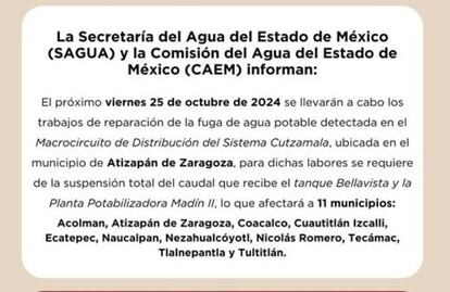 Anuncian corte de agua en 11 municipios del Edomex