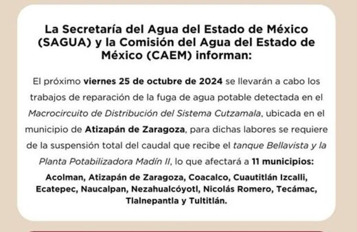 Anuncian corte de agua en 11 municipios del Edomex