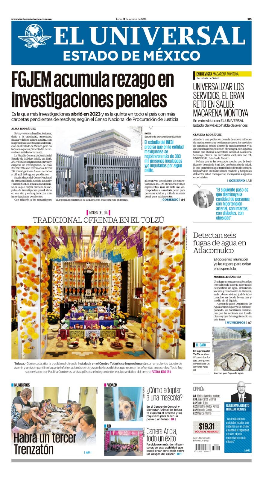 Portada lunes 14 de octubre del 2024