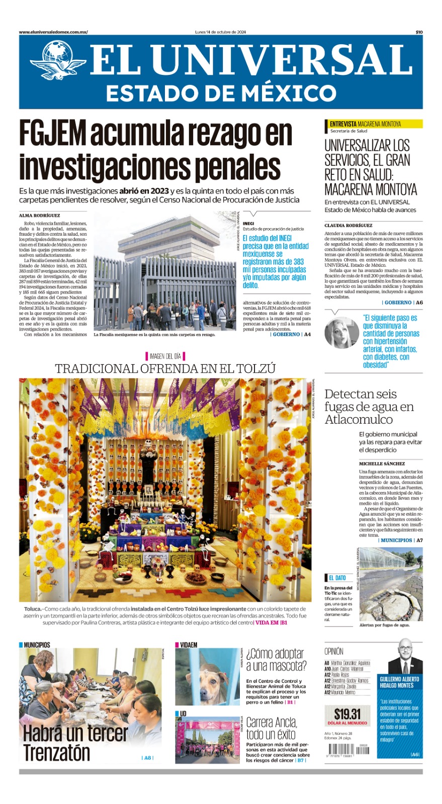 Portada lunes 14 de octubre del 2024