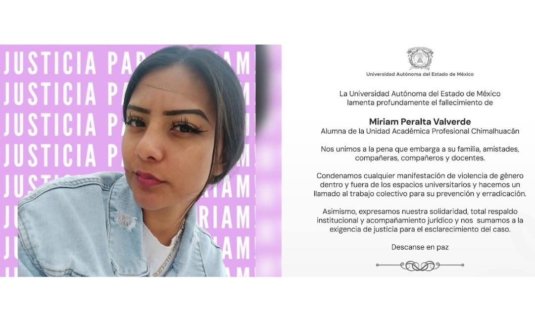La UAEMéx condenó enérgicamente el asesinato de Miriam, estudiante de octavo semestre de Derecho en la Unidad Profesional Chimalhuacán. Foto Especial