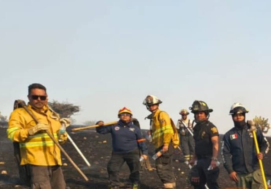 Brigadistas de Probosque y Bomberos de Tepotzotlán realizan brechas cortafuego para contener el avance del siniestro. Foto Especial