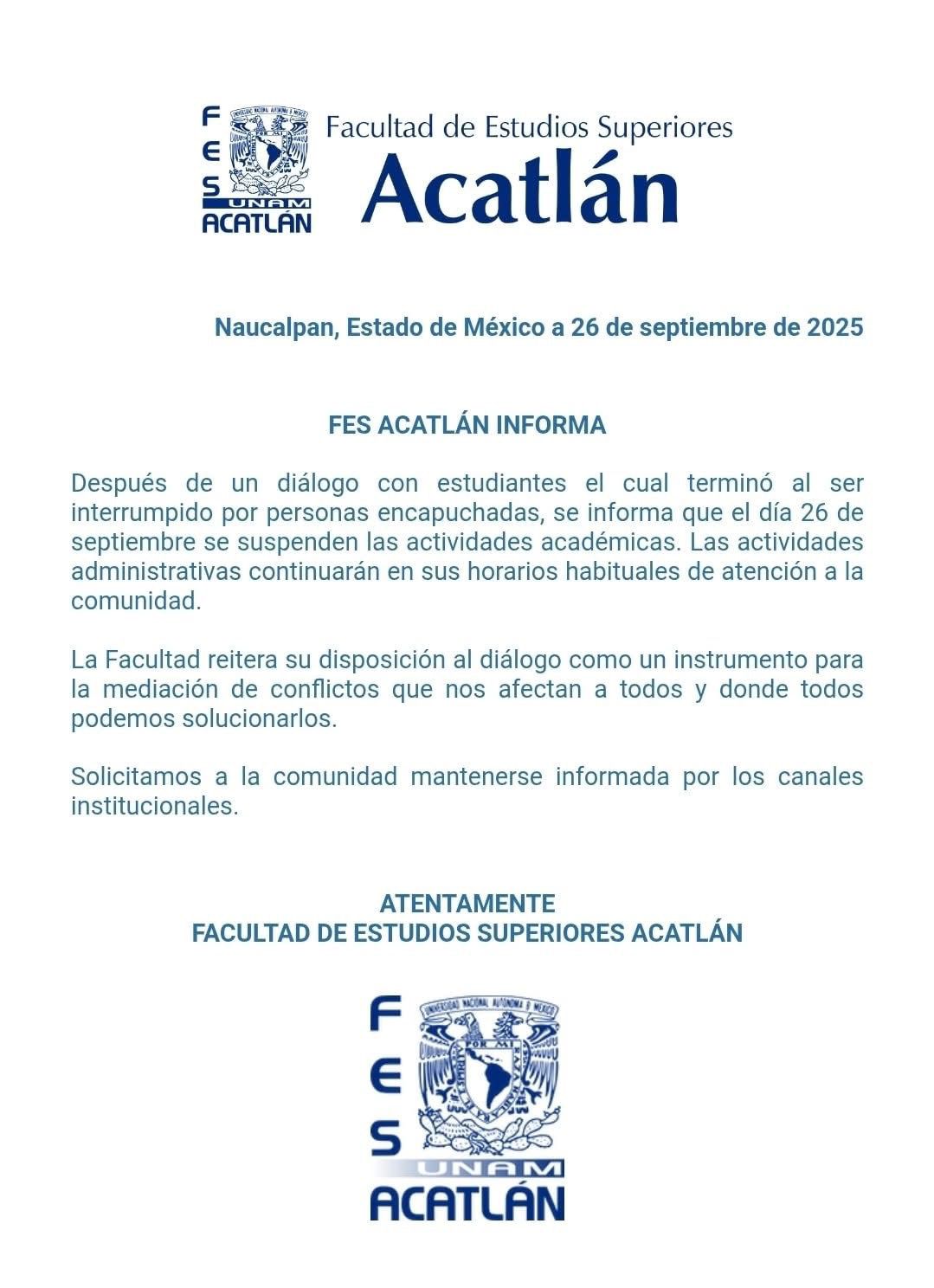 La Facultad reitera su disposición al diálogo / Foto Especial