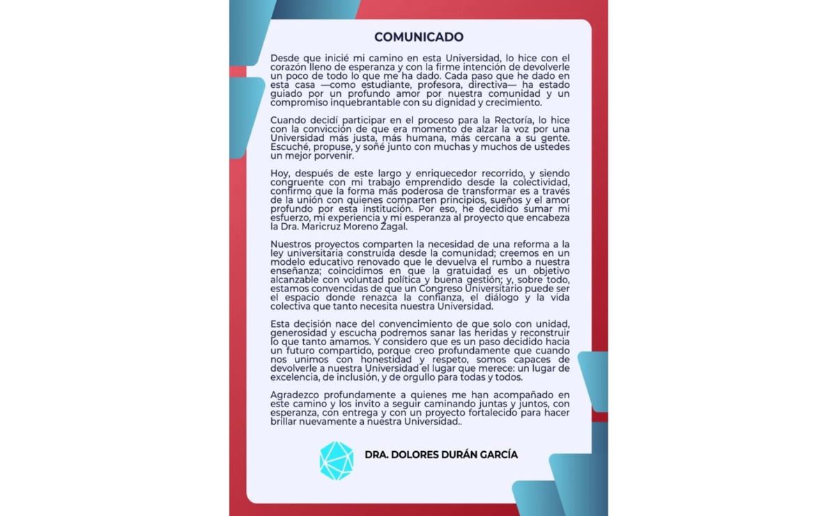Mediante un comunicado Durán García, expuso su decisión a favor del proyecto de Maricruz Moreno Zagal. Foto: Especial