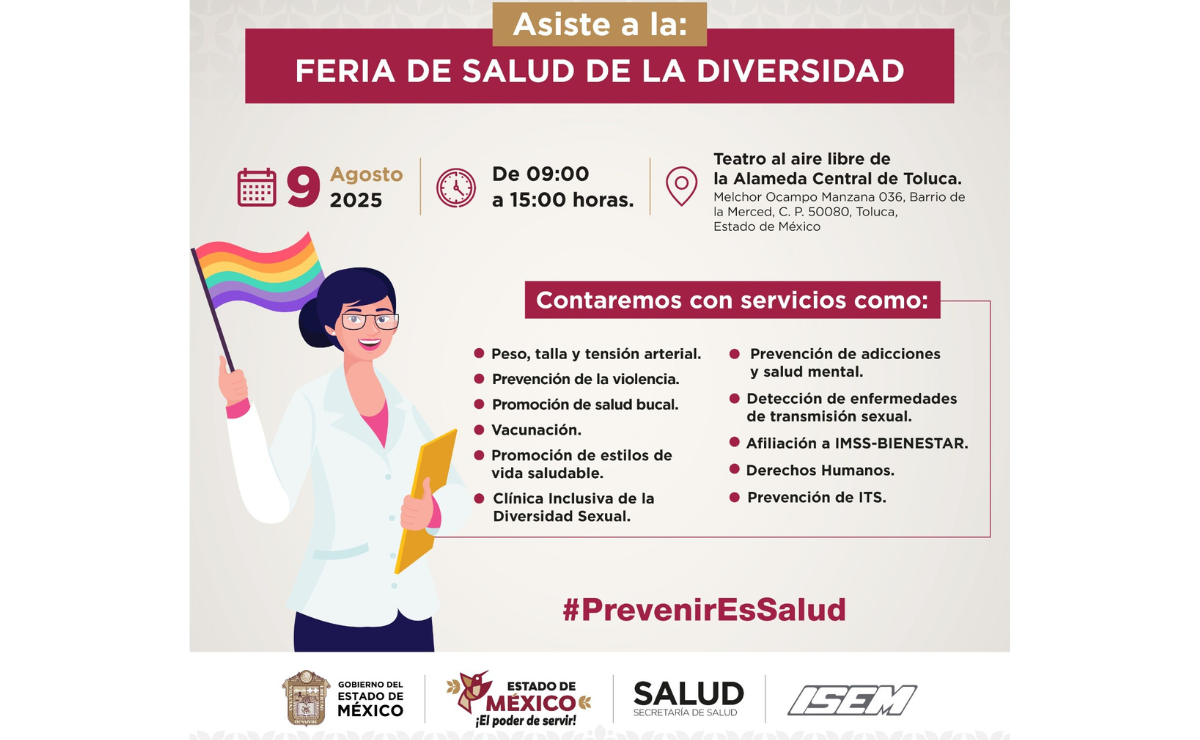 La Feria de la Salud de la Diversidad ofrecerá servicios médicos gratuitos para la comunidad LGBTIQ+ y el público en general en la Alameda Central de Toluca. Foto: Especial
