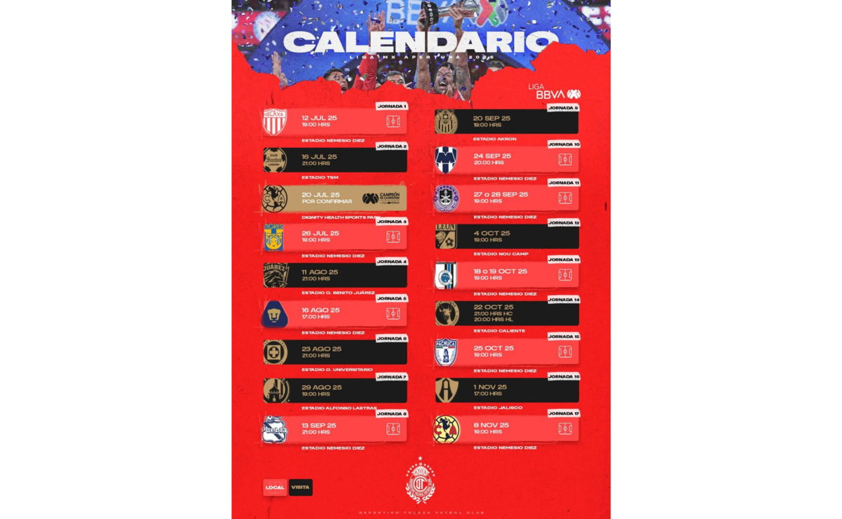 Calendario de los Diablos Rojos del Toluca para el Torneo Apertura 2025 de la Liga MX. Foto: Especial
