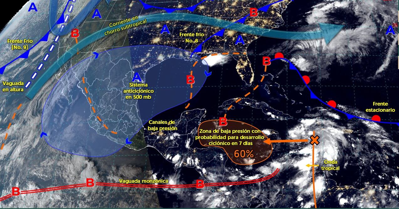 Las lluvias pronosticadas podrán estar acompañadas con descargas eléctricas y rachas de viento, además podrían originar incremento en los niveles de ríos y arroyos, deslaves, encharcamientos e inundaciones en zonas bajas de los estados indicados. Foto Conagua