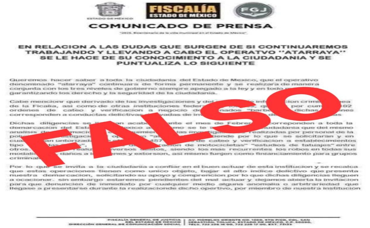 ¡Alerta! Falso comunicado de la FGJEM sobre el “Operativo Atarraya” circula en redes