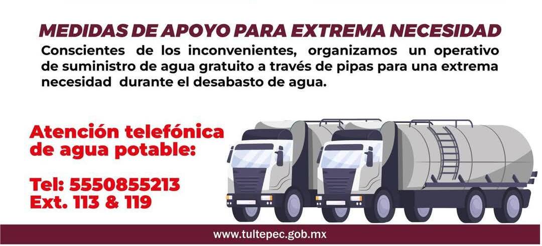 Prepárate para el corte de agua en Tultepec y asegura el suministro para tu familia. Solicita tu pipa de agua de forma gratuita. Foto Especial