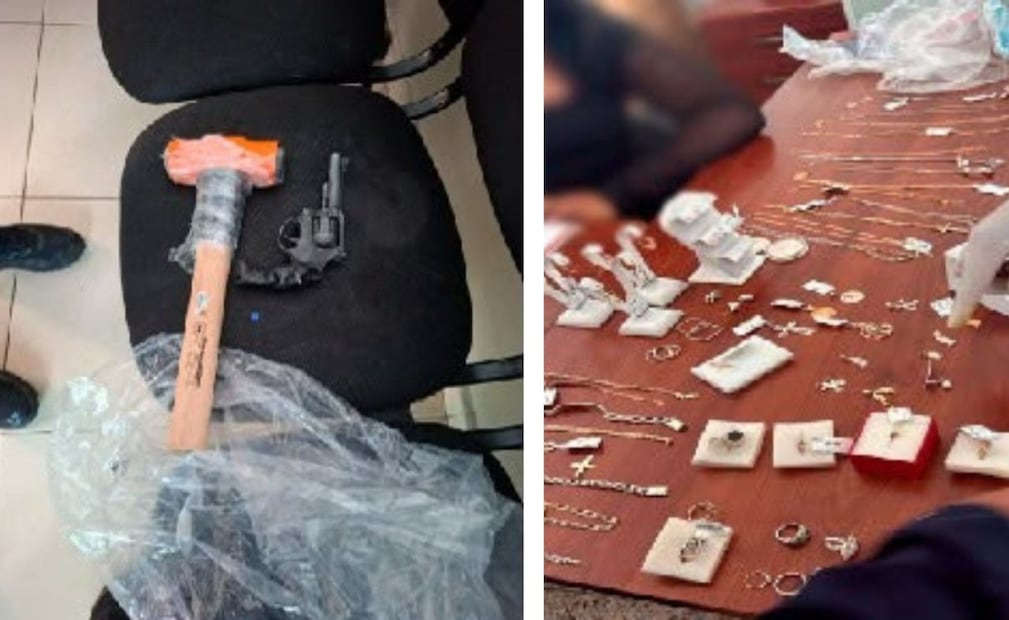 Además de las joyas y la réplica de arma, los agentes aseguraron un marro de aproximadamente 45 centímetros. Foto especial
