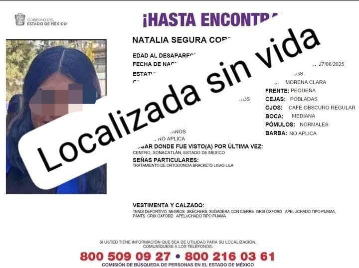 Natalia Segura de 14 años de edad fue localizada sin vida / Foto Especial