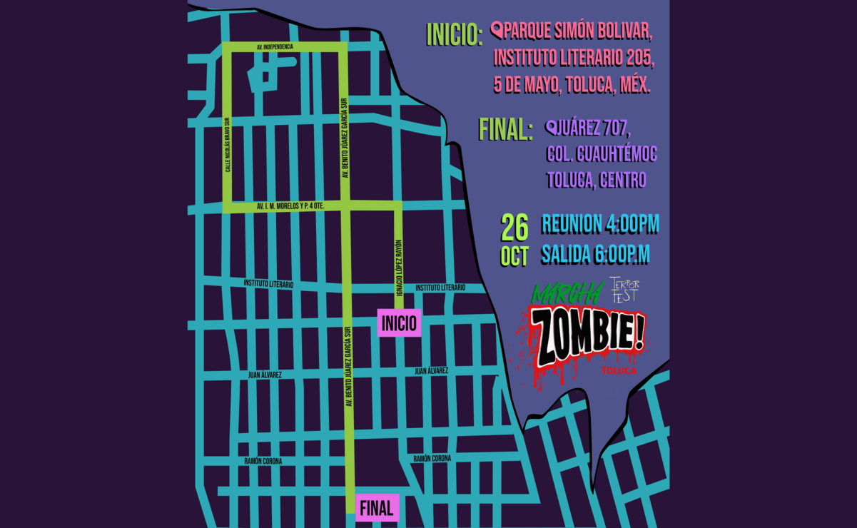 El evento organizado como parte del Terror Fest Toluca se llevará a cabo en punto de las 18:00 horas, donde miles de personas se darán cita en el Parque Simón Bolívar. Foto: Marcha Zombie Toluca / FB