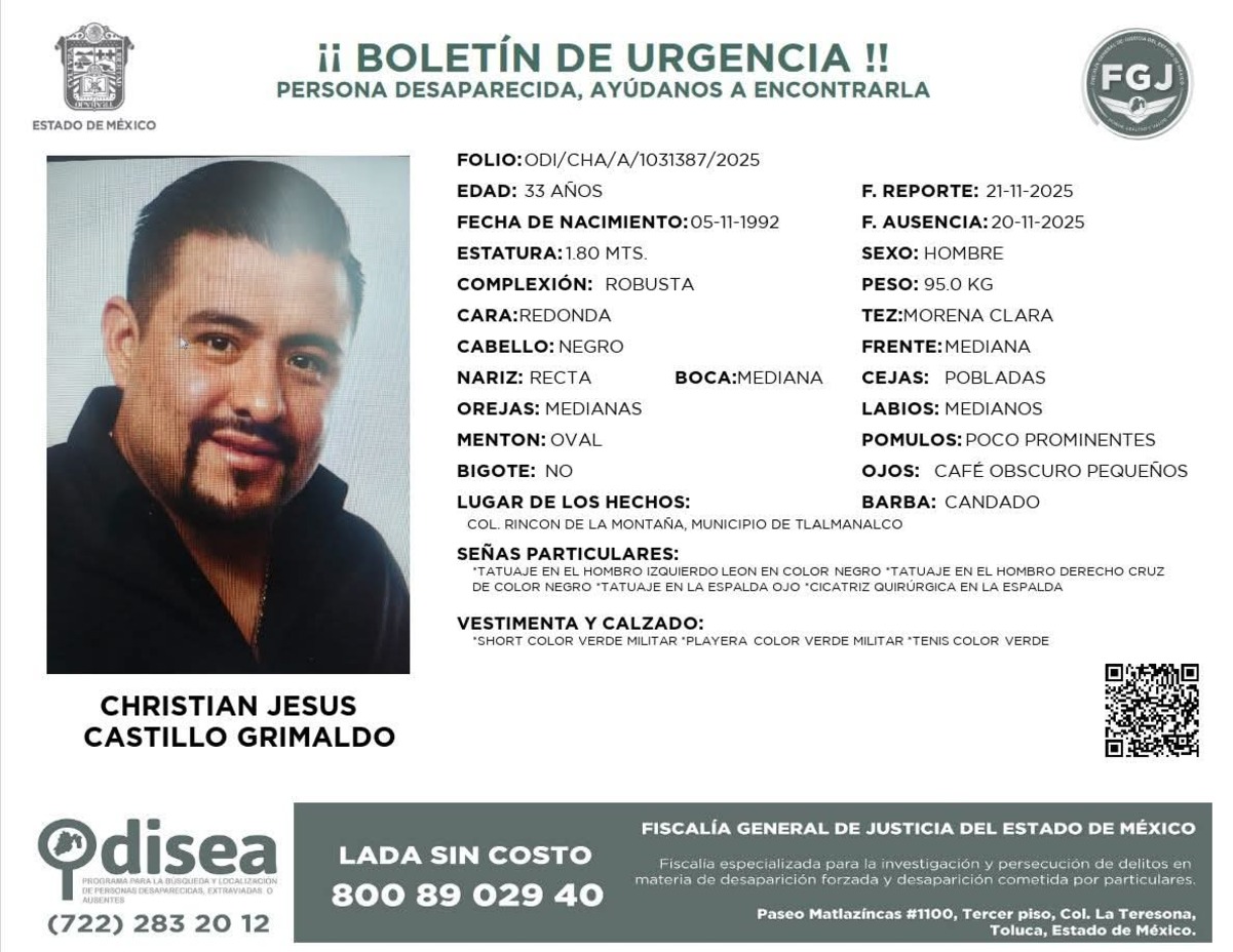 Desaparece Regidor de Chalco: Emiten ficha de búsqueda por Christian Castillo Grimaldo, edil que sufrió un atentado en agosto