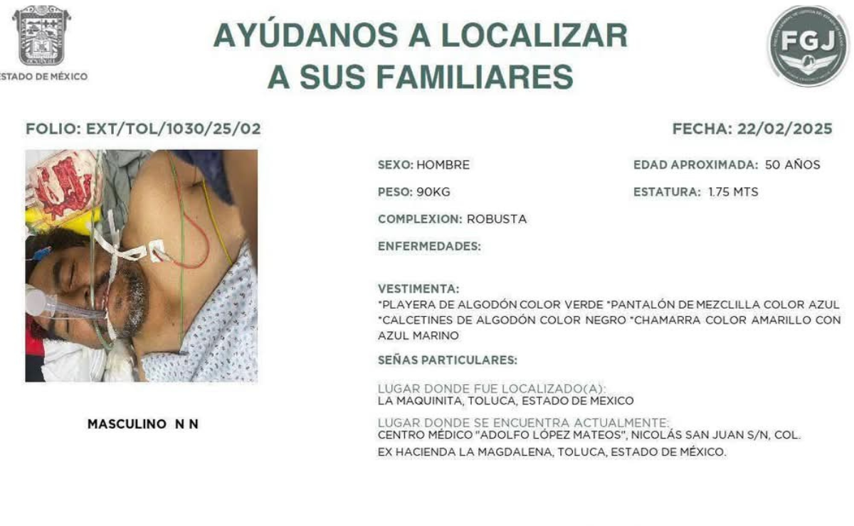 Hombre hospitalizado tras ser arrollado por el tren en Toluca; autoridades buscan a sus familiares Foto: Especial