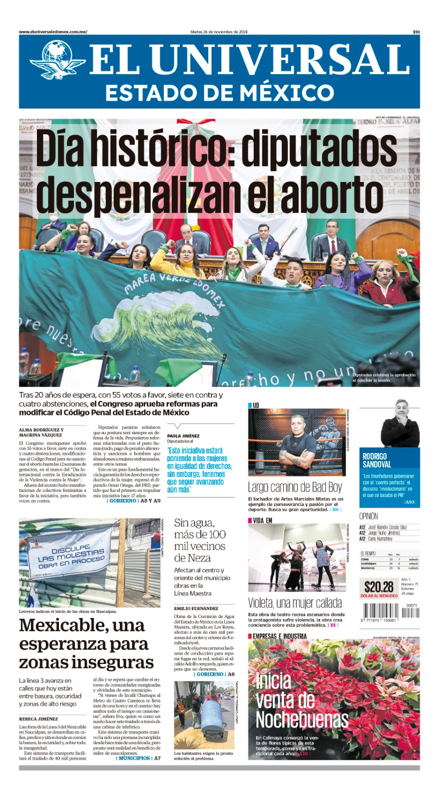 Portada El Universal 26 de noviembre