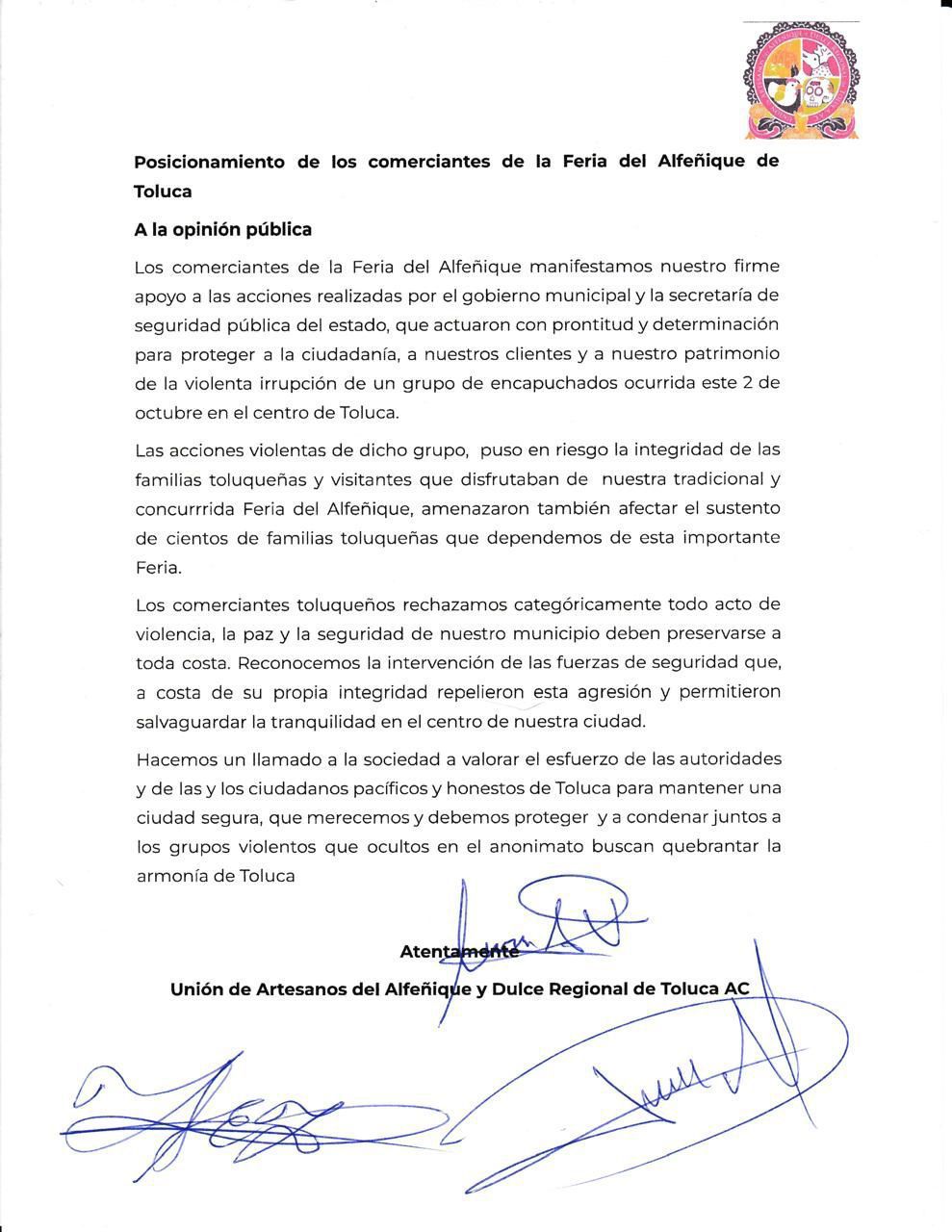 Los comerciantes de la Feria del Alfeñique manifestaron su apoyo a las acciones realizadas por el gobierno municipal / Foto Especial
