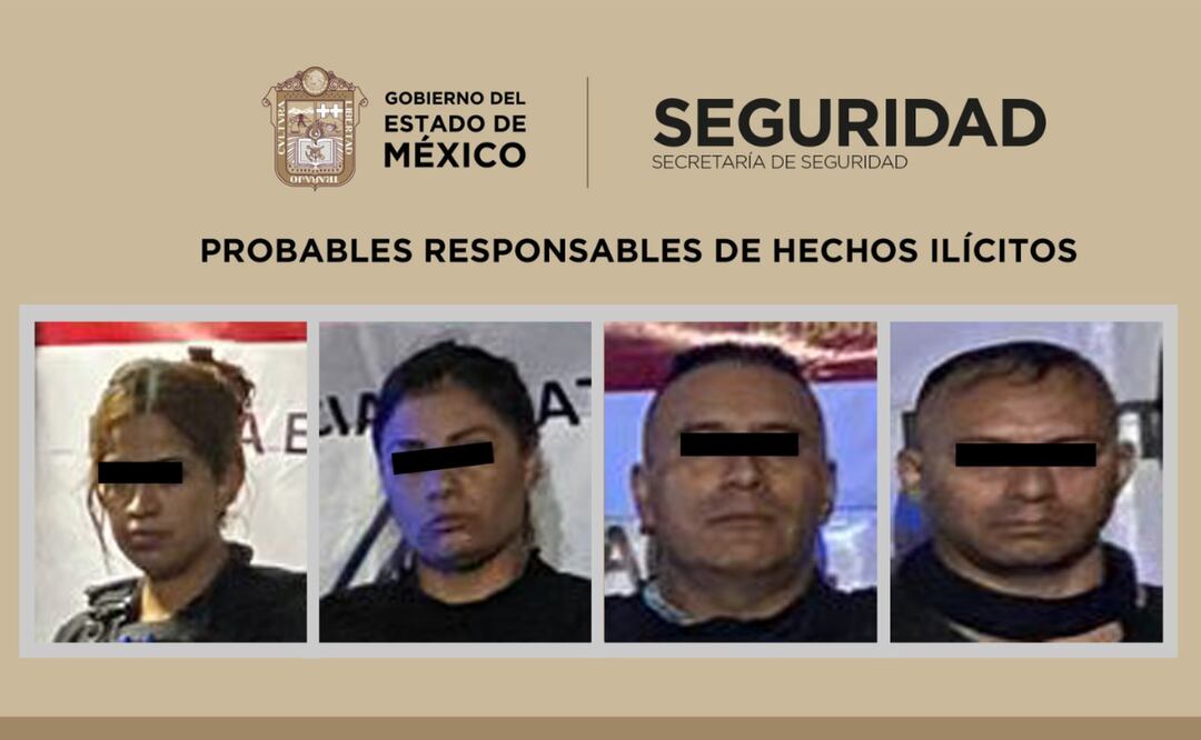 Cuatro presuntos policías de Toluca, dos hombres y dos mujeres, fueron aprehendidos por su presunta responsabilidad en el uso indebido de insignias oficiales. Foto: Especial