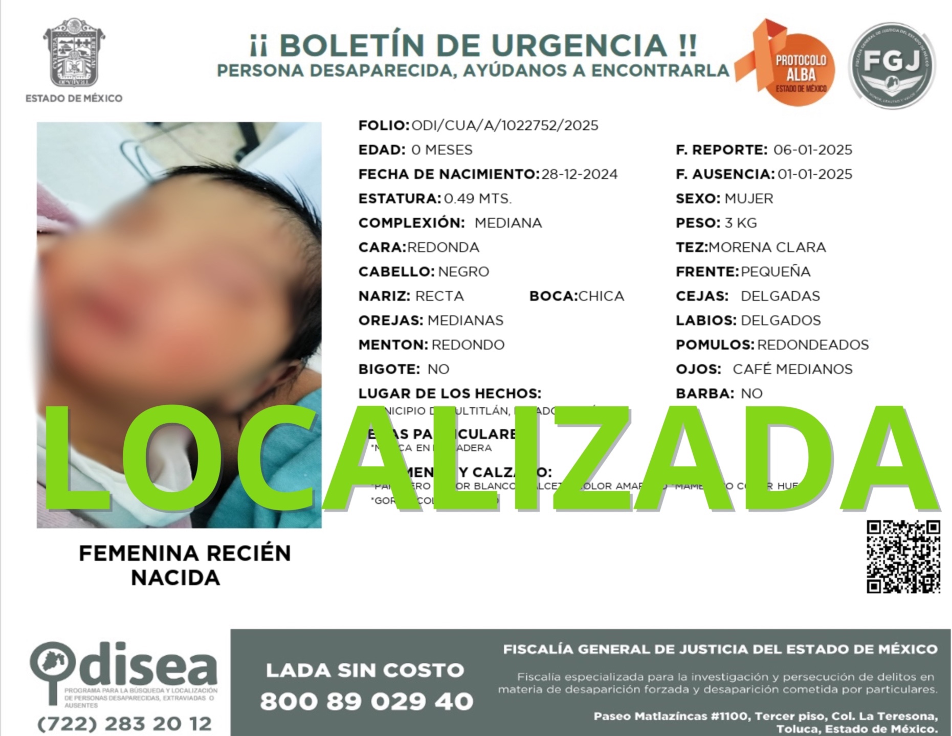 La bebé se encuentra en buen estado de salud. Foto Especial