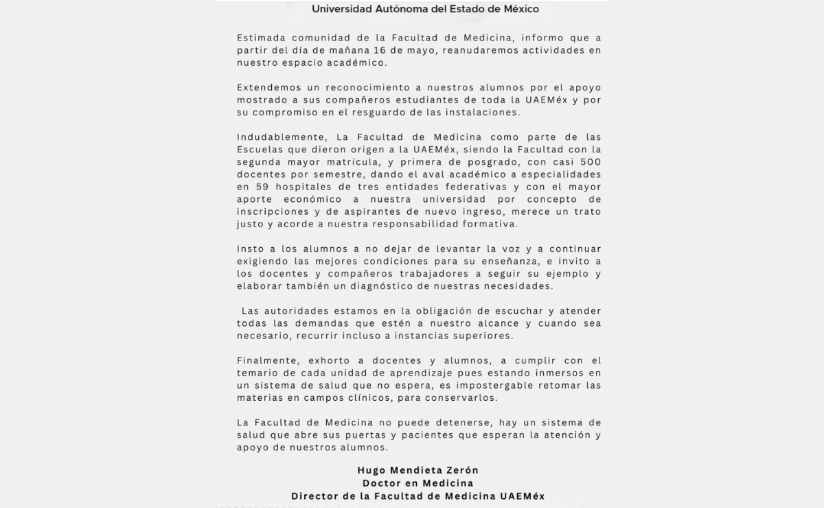 Hugo Mendieta Zerón, director de la Facultad de Medicina de la UAEM, firmó el comunicado del regreso a clases. Foto: Especial