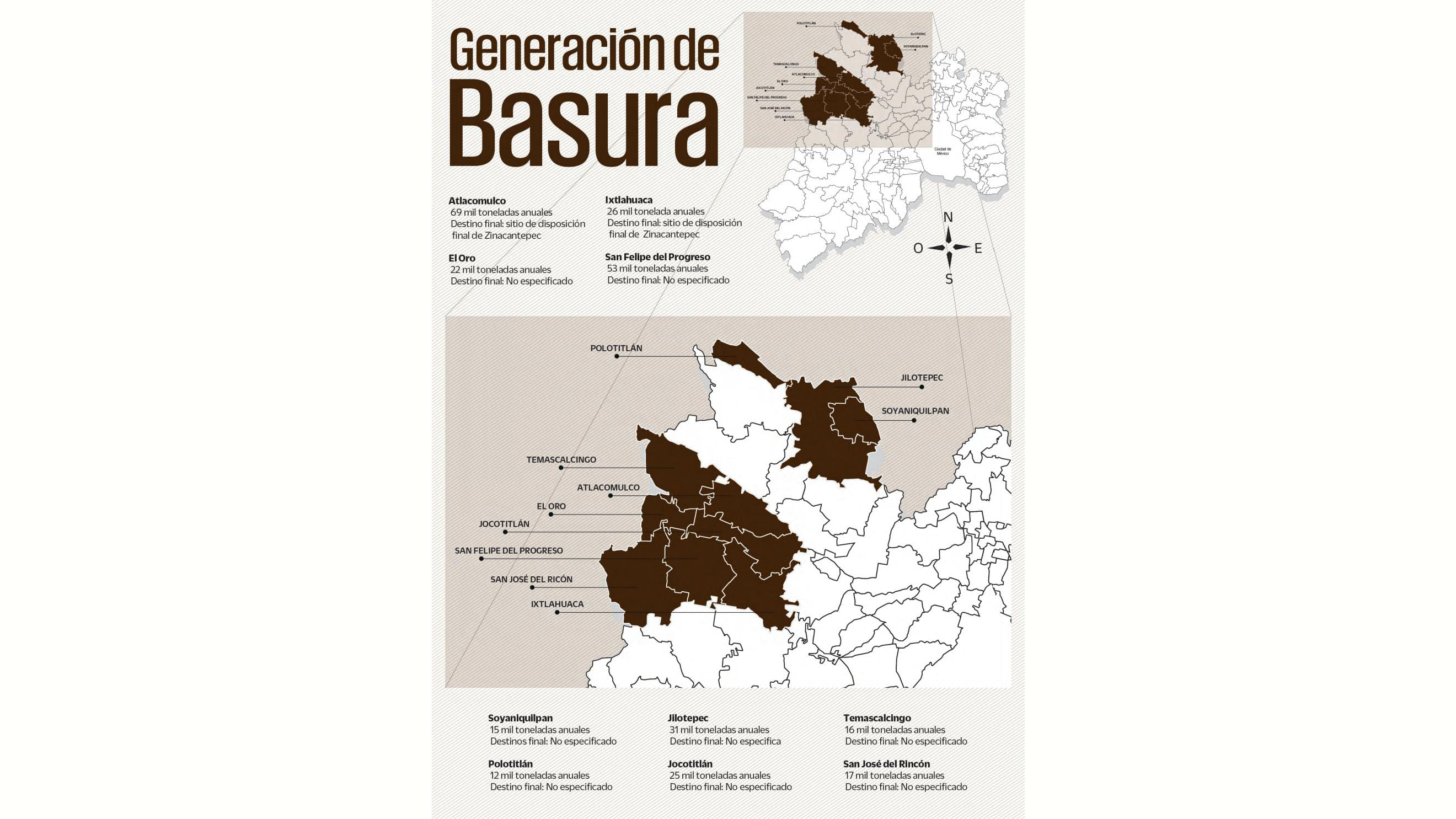 Mapa de los municipios del Norte del Edomex que enfrentan crisis de residuos solidos.  Foto: El Universal Estado de México