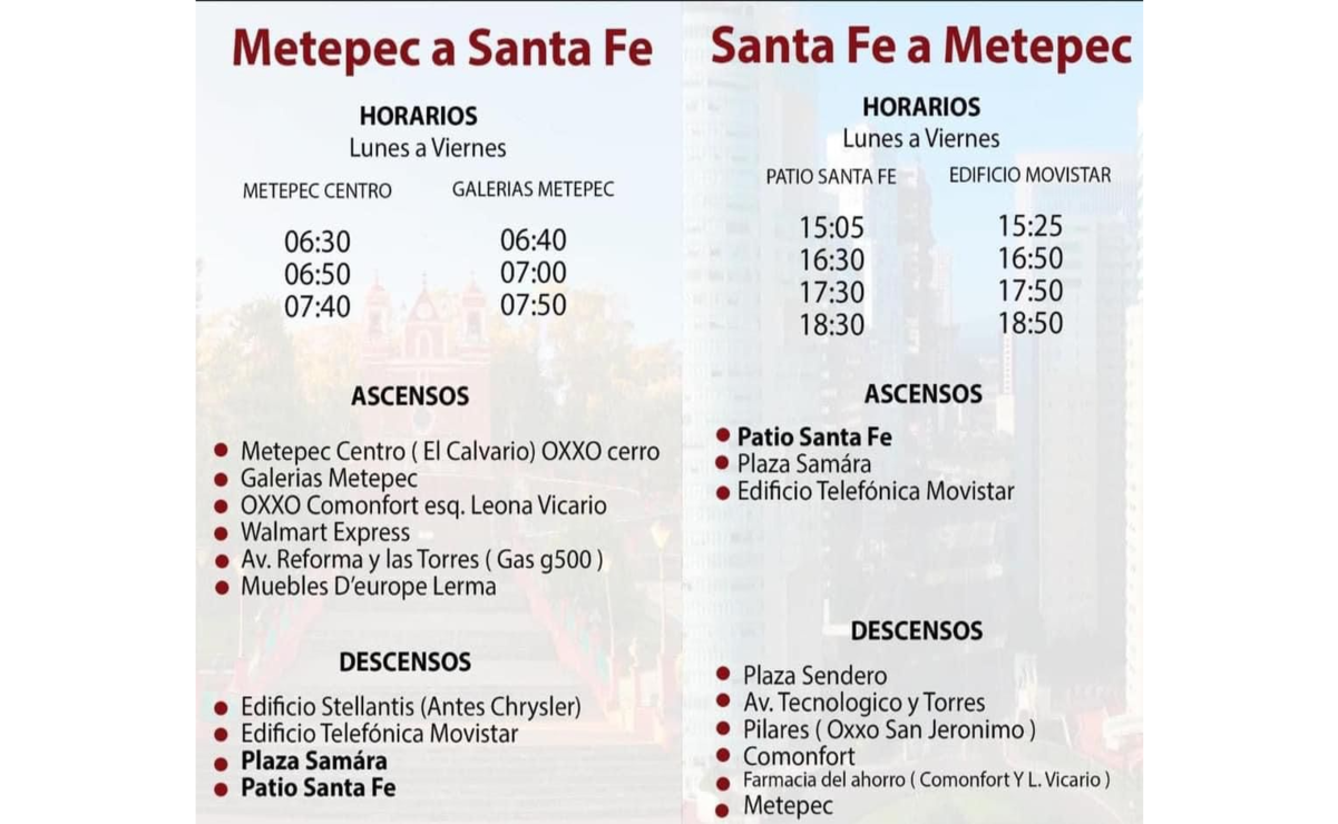 La empresa Caminante, puso en marcha la ruta Metepec-Santa Fe con horarios de lunes a viernes en un horario de 6:30 a 18:30 horas. Foto: Especial