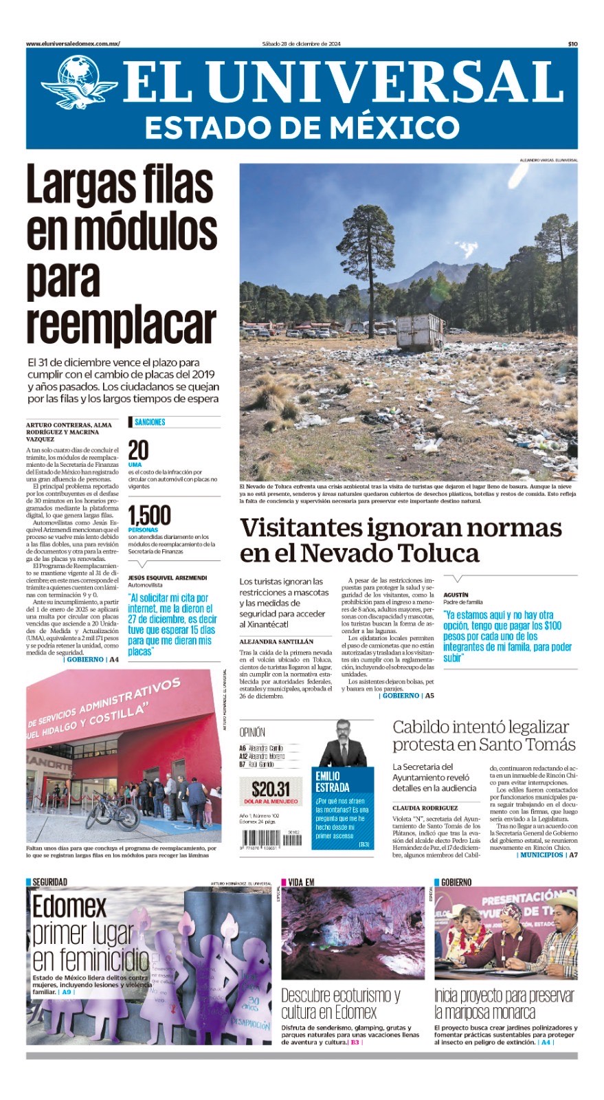 Portada El Universal Edomex 28 de diciembre