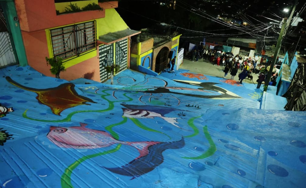 a calle Encino, en la colonia Los Bordos, fue intervenida con murales de temática marina para cambiar el rostro de la comunidad. Foto Especial