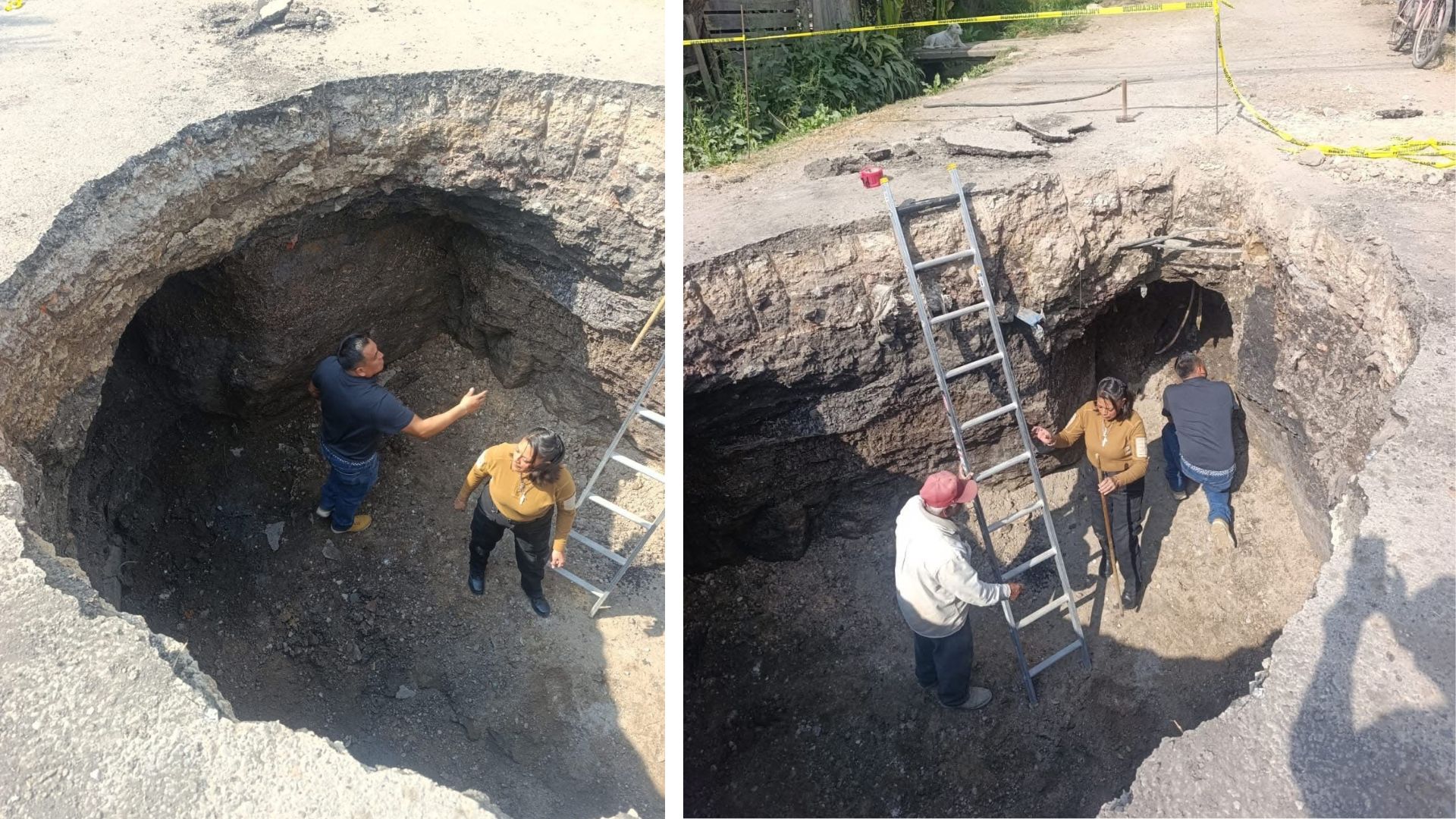 Vista del socavón que mide más de 4 metros de largo, delimitado por Protección Civil de Teoloyucan para evitar que más vehículos caigan. Foto Especial