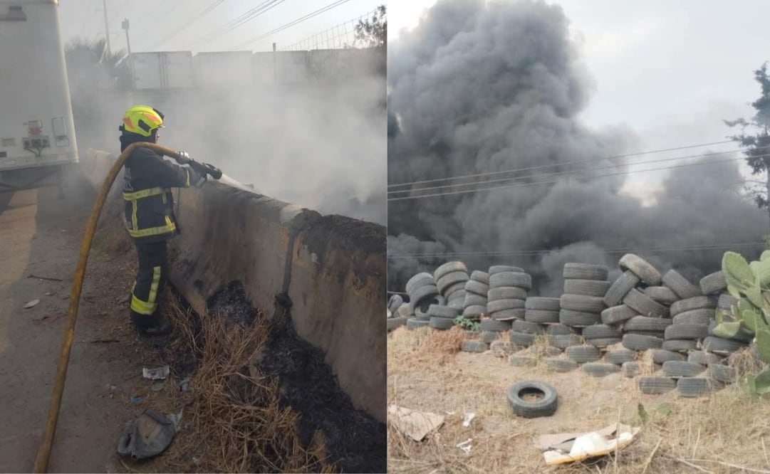 La quema de neumáticos generó una densa columna de humo negro que alarmó a los trabajadores de la zona industrial de Xhala. Foto Especial