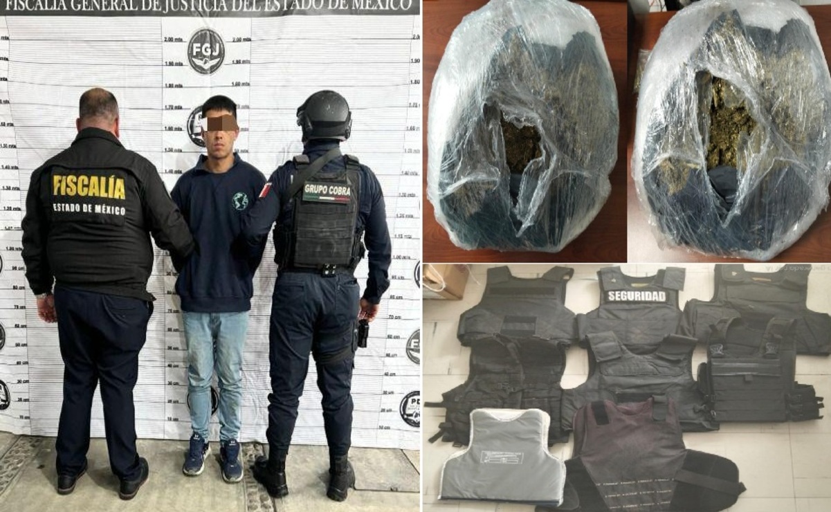 Harlin Fernando “N”, de 30 años fue detenido por portación de arma de fuego, droga, cartuchos útiles y equipo balístico en Toluca. Foto: Especial