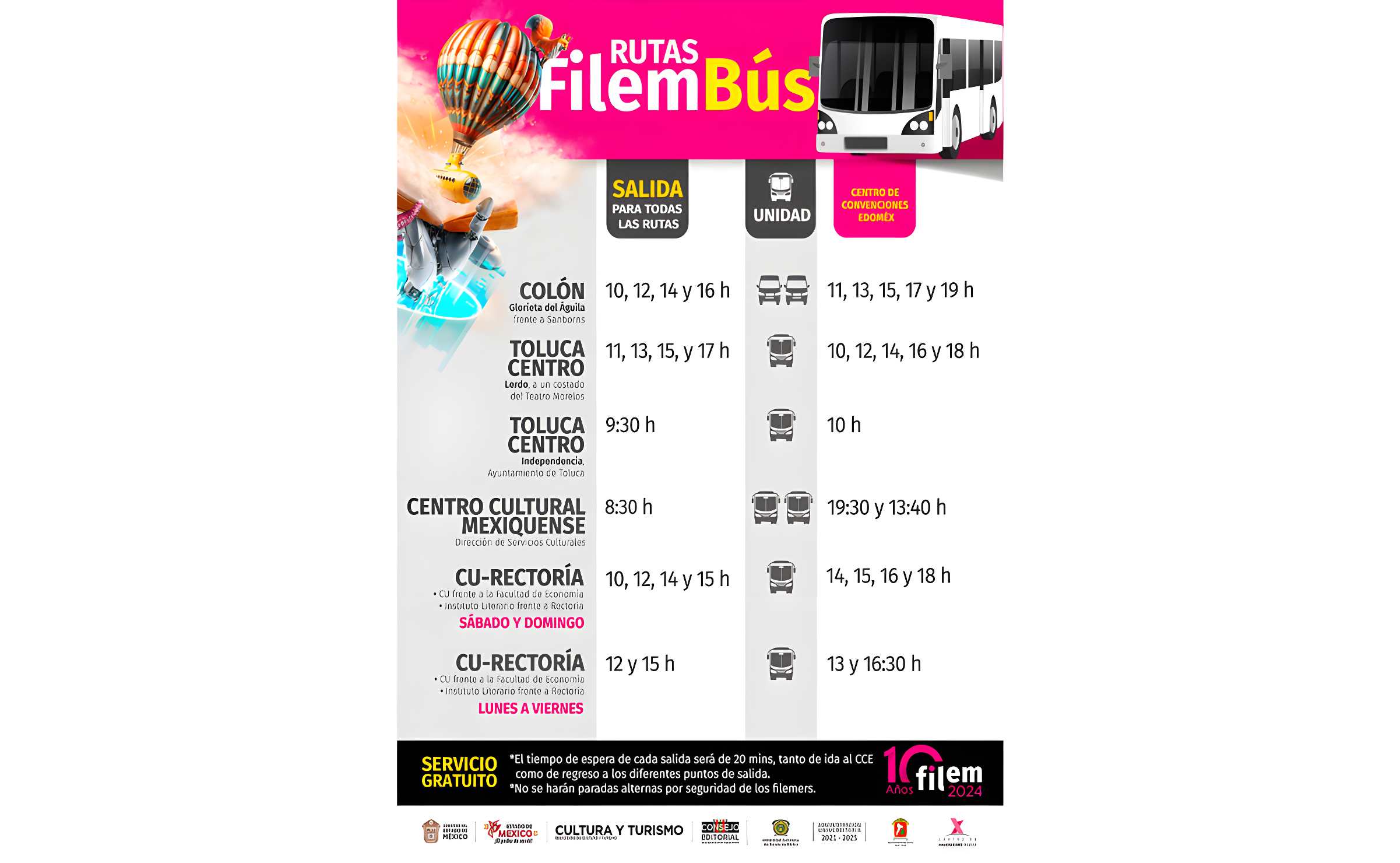 Horarios y puntos de encuentro de las unidades del FilemBús. Foto: Especial.